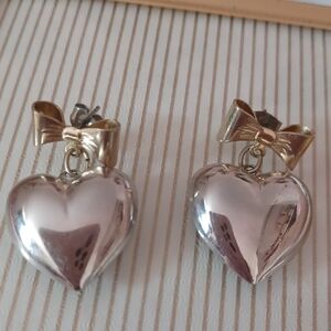 Bow & Heart Drop Earrings in Silver and Gold